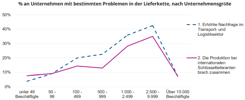 % an Unternehmen mit bestimmten Problemen in der Lieferkette, nach Unternehmensgröße